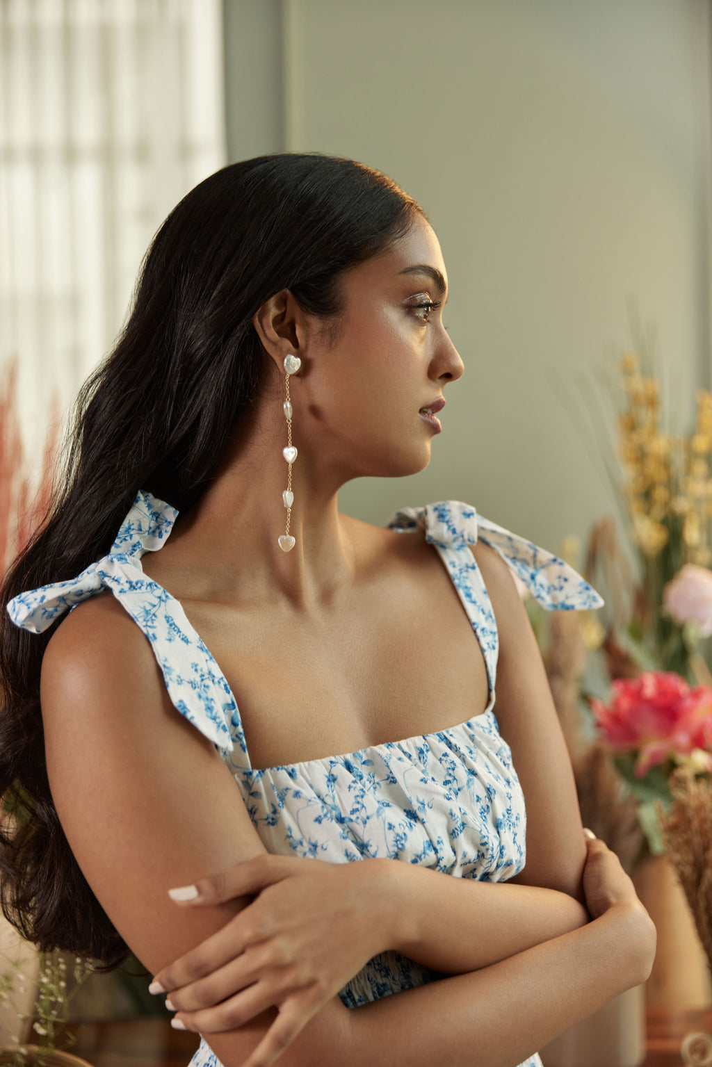 Heart shaped pearl waterfall earrings